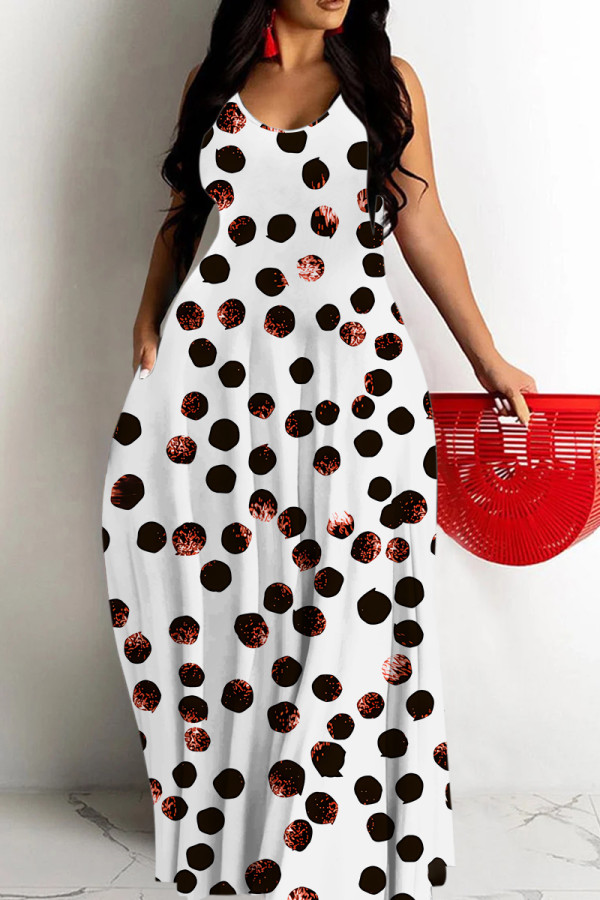 Multicolor Casual Polka Dot Print Pocket Contrast O Neck Printed Dresses