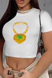 White Blue Casual Four Leaf Clover Contrast O Neck T-Shirts
