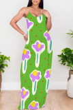 Fluorescent Green Sexy Graffiti Print Pocket Contrast O Neck Printed Dresses