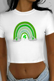 White Blue Casual Four Leaf Clover Contrast O Neck T-Shirts
