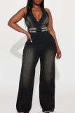 Black Casual Solid Color Patchwork Halter Jumpsuits