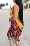 Black Sexy Graffiti Print Contrast U Neck Printed Dresses