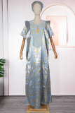 Deep Blue Elegant Print Patchwork Asymmetrical Collar Long Dresses