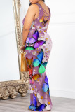Cream White Casual Floral Print Butterfly Contrast O Neck Printed Dresses