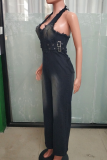Black Casual Solid Color Patchwork Halter Jumpsuits