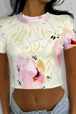 Gray White Casual Camouflage Print Flowers O Neck T-Shirts
