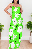 Fluorescent Green Sexy Graffiti Print Pocket Contrast O Neck Printed Dresses