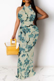 Turquoise Elegant Floral Print O Neck Long Dresses