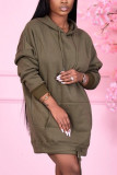 Army Green Fashion Casual Solid Basic Hooded Collar Long Sleeve Dress Dresses