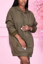 Army Green Fashion Casual Solid Basic Hooded Collar Long Sleeve Dress Dresses