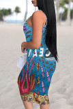 Black Sexy Graffiti Print Contrast U Neck Printed Dresses