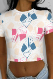 Gray White Casual Camouflage Print Flowers O Neck T-Shirts