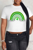 White Blue Casual Four Leaf Clover Contrast O Neck T-Shirts