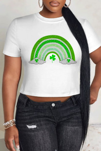 White Blue Casual Four Leaf Clover Contrast O Neck T-Shirts