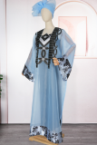 Light Blue Elegant Embroidered Asymmetrical Collar Long Sleeve Two Pieces