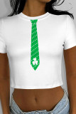 White Blue Casual Four Leaf Clover Contrast O Neck T-Shirts