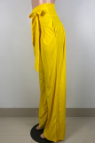 Yellow Casual Solid Color Pocket Strap Design Zipper Loose Patchwork Bottoms