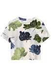 Gray White Casual Camouflage Print Flowers O Neck T-Shirts