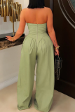 Army Green Casual Solid Color Buckle Strapless Loose Jumpsuits