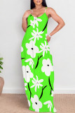 Fluorescent Green Sexy Graffiti Print Pocket Contrast O Neck Printed Dresses