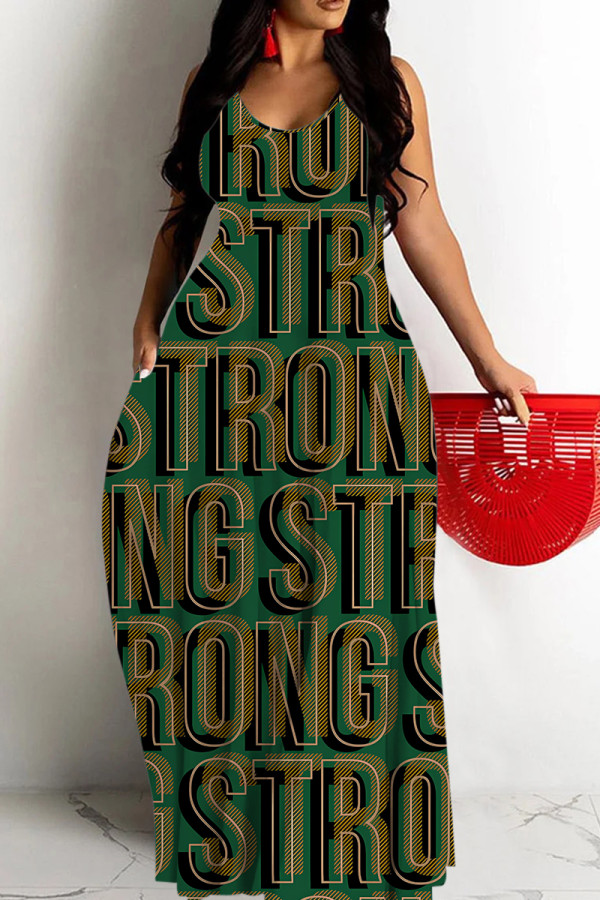 Dark Green Sexy Letter Print Pocket Contrast O Neck Printed Dresses