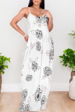 Turquoise Sexy Flowers Heart Shaped Leaf Print Pocket Contrast O Neck Printed Dresses