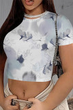 Gray White Casual Camouflage Print Flowers O Neck T-Shirts
