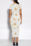 Rose Red Casual Colorblock Flowers Print Contrast O Neck Printed Dresses