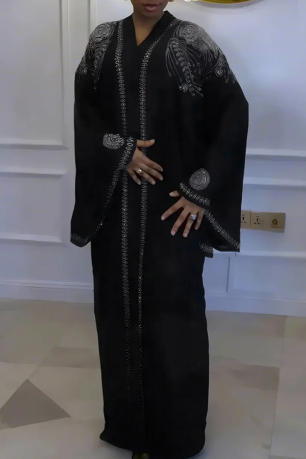 Black Casual Solid Color Hot Drill V Neck Long Dresses