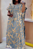 Deep Blue Elegant Print Patchwork Asymmetrical Collar Long Dresses