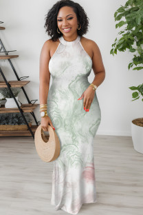 Light Green Elegant Floral Print O Neck Long Dresses