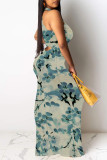 Turquoise Elegant Floral Print O Neck Long Dresses