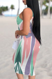 Blue Sexy Striped Print Contrast U Neck Printed Dresses