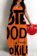 Orange Sexy Letter Print Pocket Contrast O Neck Printed Dresses
