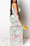 Turquoise Elegant Floral Print O Neck Long Dresses