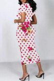 Rose Red Casual Colorblock Flowers Print Contrast O Neck Printed Dresses