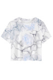 Gray White Casual Camouflage Print Flowers O Neck T-Shirts