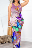 Cream White Casual Floral Print Butterfly Contrast O Neck Printed Dresses