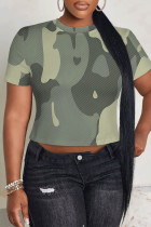 Camouflage Casual Camouflage Print Flowers O Neck T-Shirts
