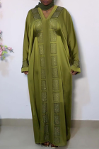 Army Green Casual Solid Color Hot Drill V Neck Long Dresses