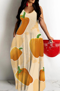 Beige Sexy Graffiti Print Pocket Contrast O Neck Printed Dresses