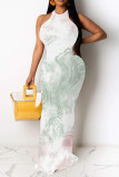 Turquoise Elegant Floral Print O Neck Long Dresses