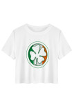 White Blue Casual Four Leaf Clover Contrast O Neck T-Shirts