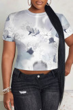Gray White Casual Camouflage Print Flowers O Neck T-Shirts