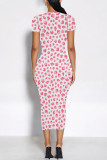 Rose Red Casual Colorblock Flowers Print Contrast O Neck Printed Dresses