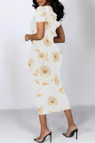 Rose Red Casual Colorblock Flowers Print Contrast O Neck Printed Dresses