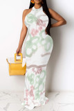 Turquoise Elegant Floral Print O Neck Long Dresses