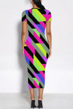Rose Red Casual Colorblock Flowers Print Contrast O Neck Printed Dresses