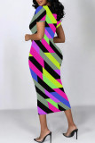 Rose Red Casual Colorblock Flowers Print Contrast O Neck Printed Dresses