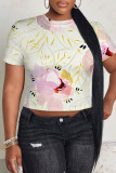 Gray White Casual Camouflage Print Flowers O Neck T-Shirts